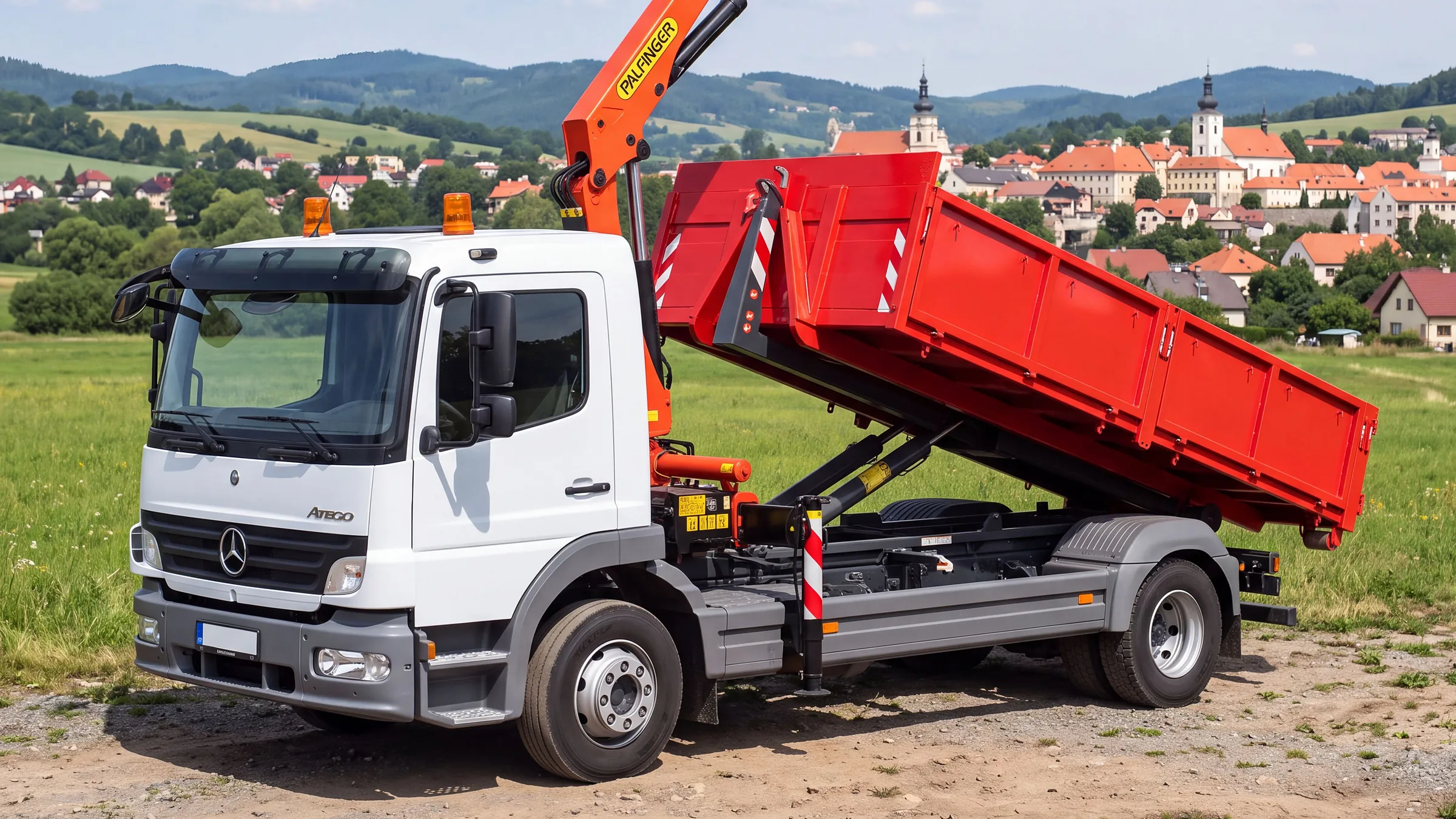 Nákladní vůz Mercedes-Benz Atego s hydraulickou rukou skládá hákový kontejner na louce u města