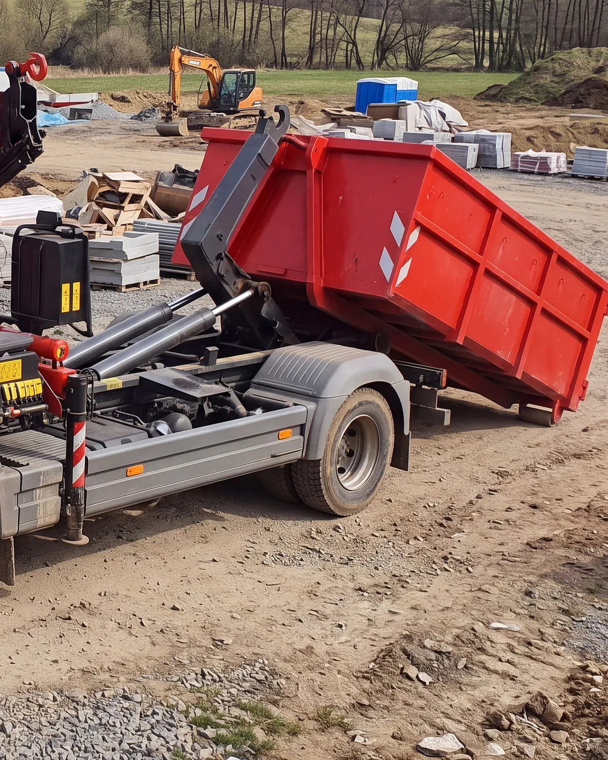 Kontejner zavěšený na háku nosiče nad staveništěm s paletami materiálu
