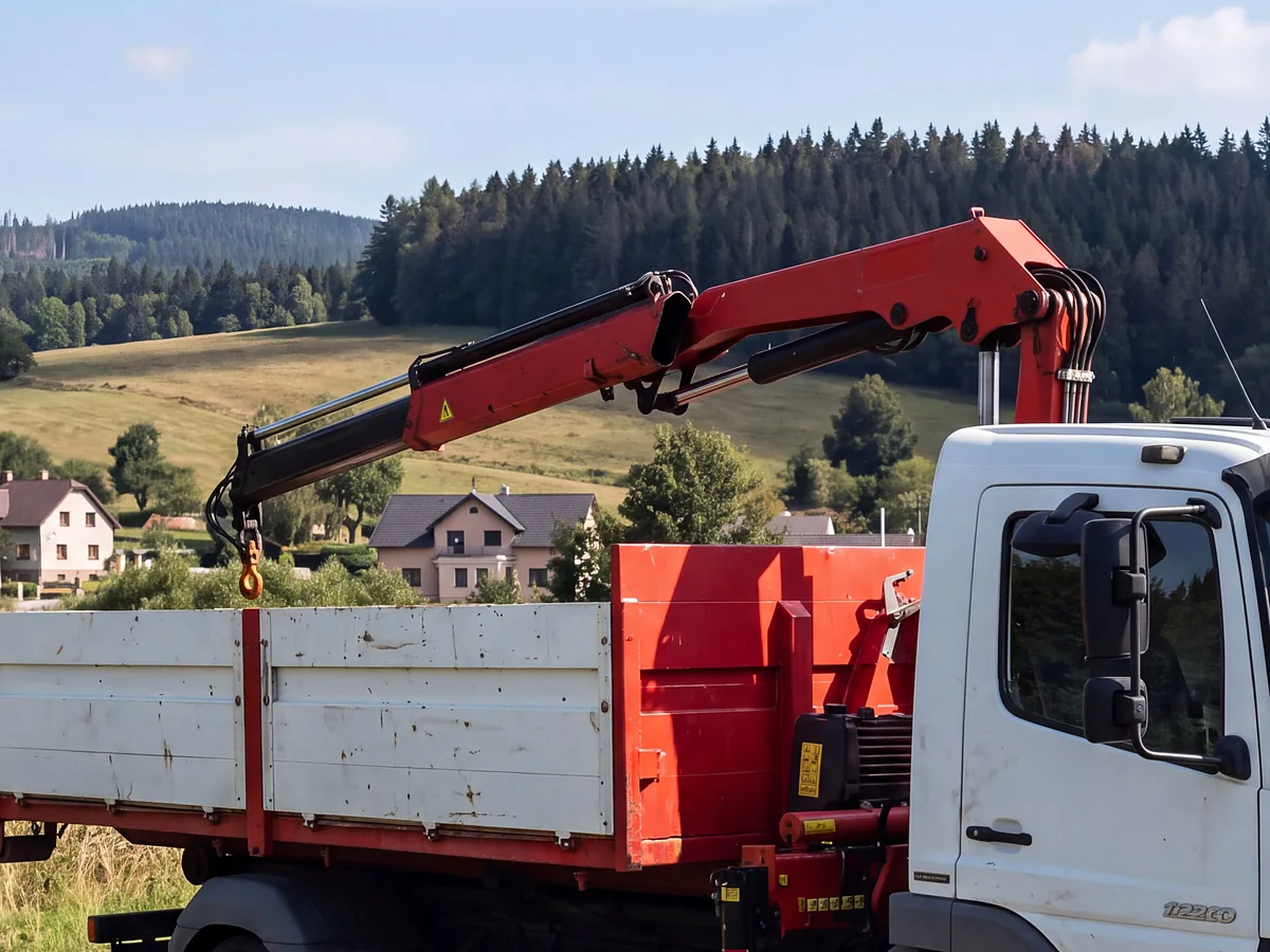 Vysunutá hydraulická ruka s hákem nad kabinou vozu